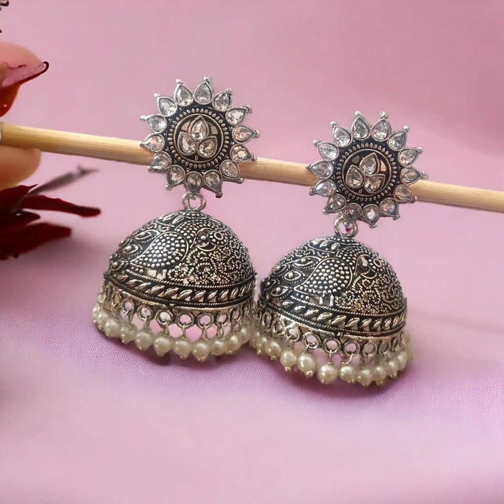 TELA NAARI CLASSIC OXIDISED SILVER JHUMKA EARRINGS