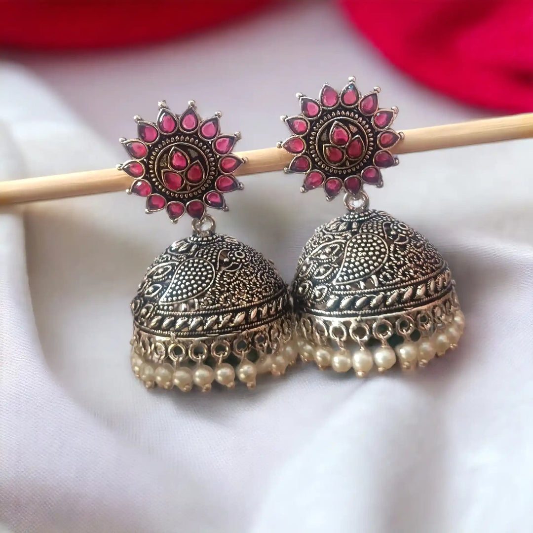 TELA NAARI CLASSIC OXIDISED SILVER JHUMKA EARRINGS