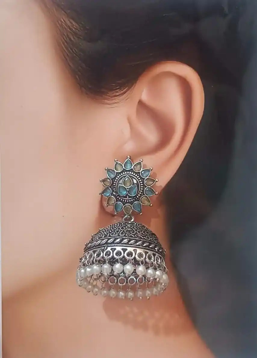 TELA NAARI CLASSIC OXIDISED SILVER JHUMKA EARRINGS