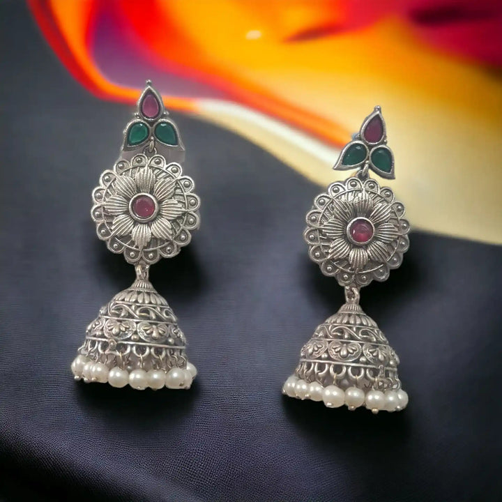 TELA NAARI DYNAMIC OXIDISED SILVER JHUMKA EARRINGS