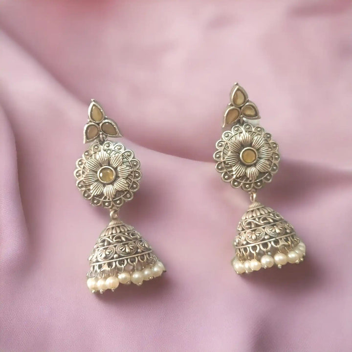 TELA NAARI DYNAMIC OXIDISED SILVER JHUMKA EARRINGS