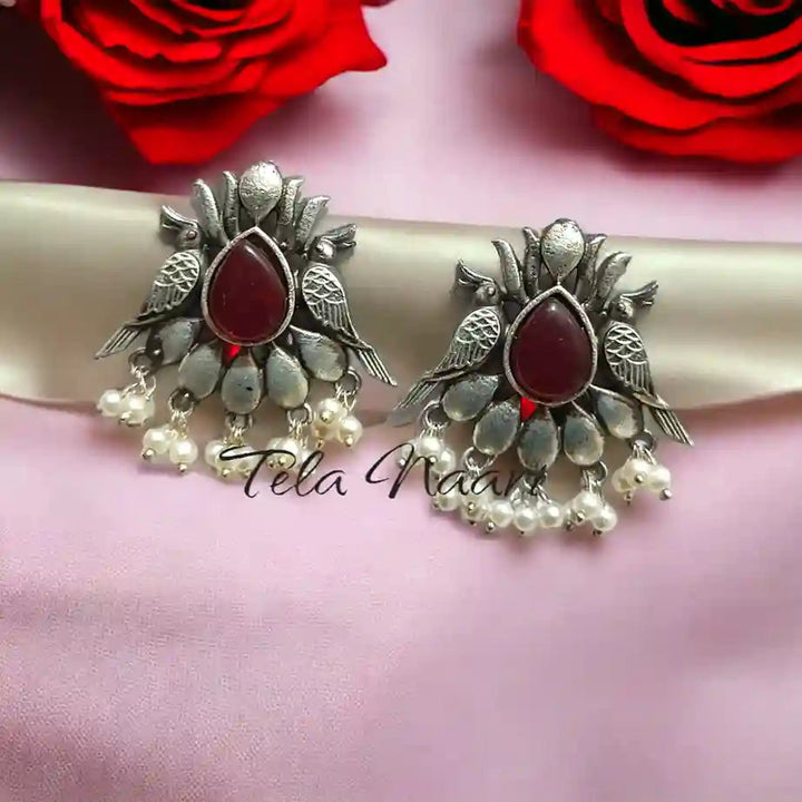 TELA NAARI FASHIONABLE SILVER OXIDISED EARRINGS