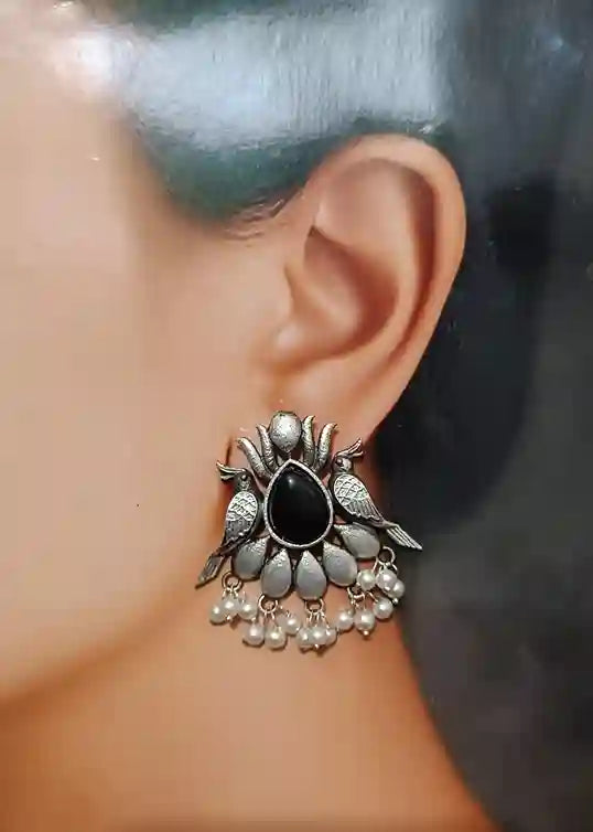 TELA NAARI FASHIONABLE SILVER OXIDISED EARRINGS