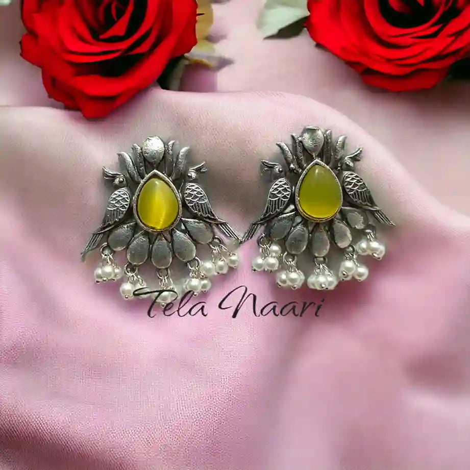 TELA NAARI FASHIONABLE SILVER OXIDISED EARRINGS