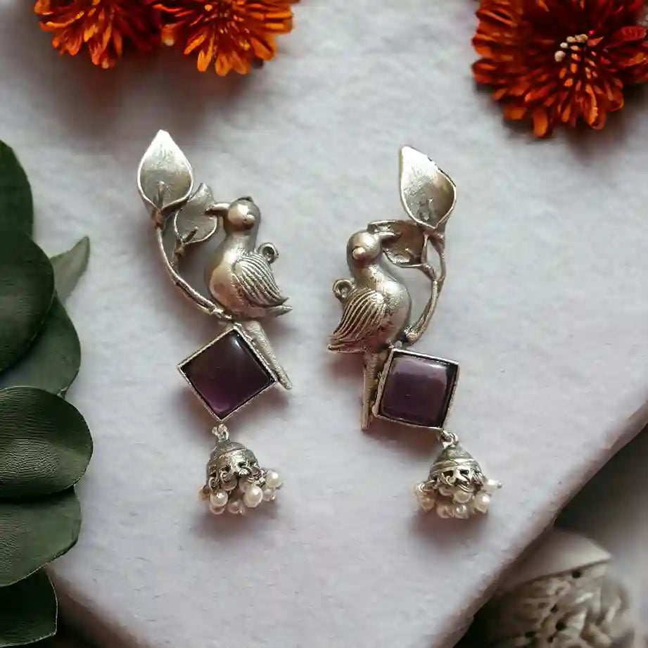 TELA NAARI GLAMOROUS SILVER OXIDISED BIRD EARRINGS