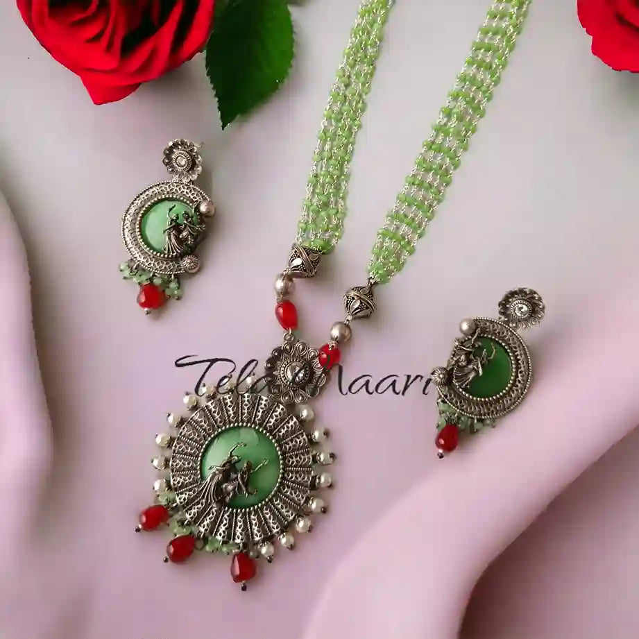 TELA NAARI SILVER OXIDISED RADHE KRISHNA GREEN NECKLACE [product_variant]- TelaNaari