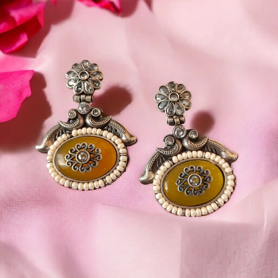 TELA NAARI STYLISH INTRICATE SILVER OXIDISED YELLOW NECKLACE WITH EARRINGS [product_variant]- TelaNaari