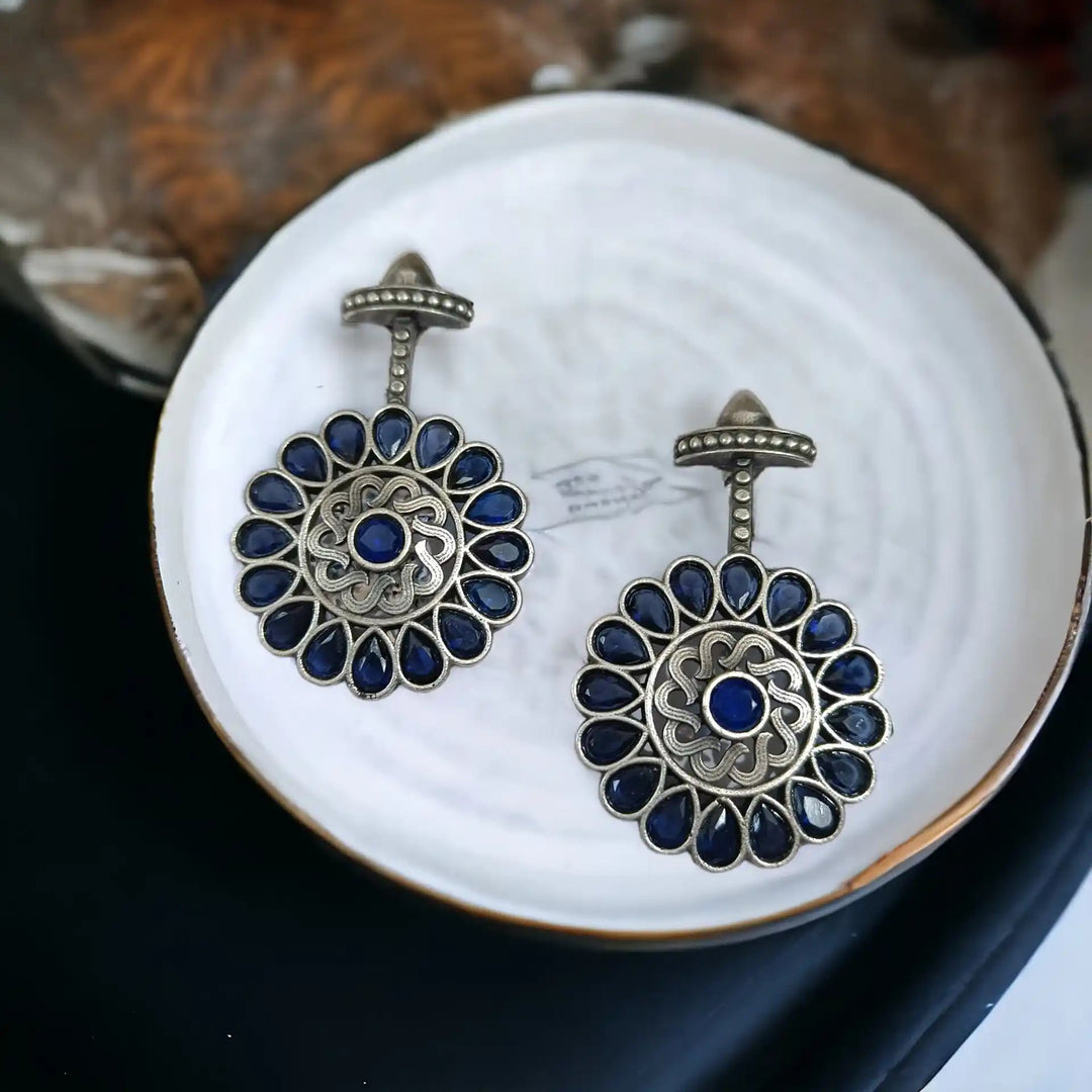 TRADITIONAL CHAKRI OXIDISED SILVER EARRINGS - TelaNaari