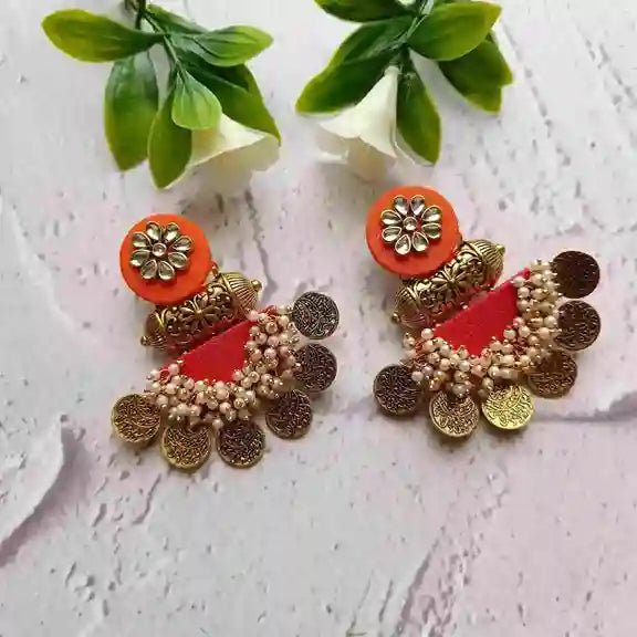 HANDMADE EARRINGS ORANGE AND RED FABRIC EVA [product_variant]- TelaNaari