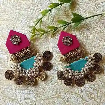 HANDMADE EARRINGS PINK AND EMRALD GREEN ISHA [product_variant]- TelaNaari