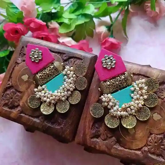 HANDMADE EARRINGS PINK AND EMRALD GREEN ISHA