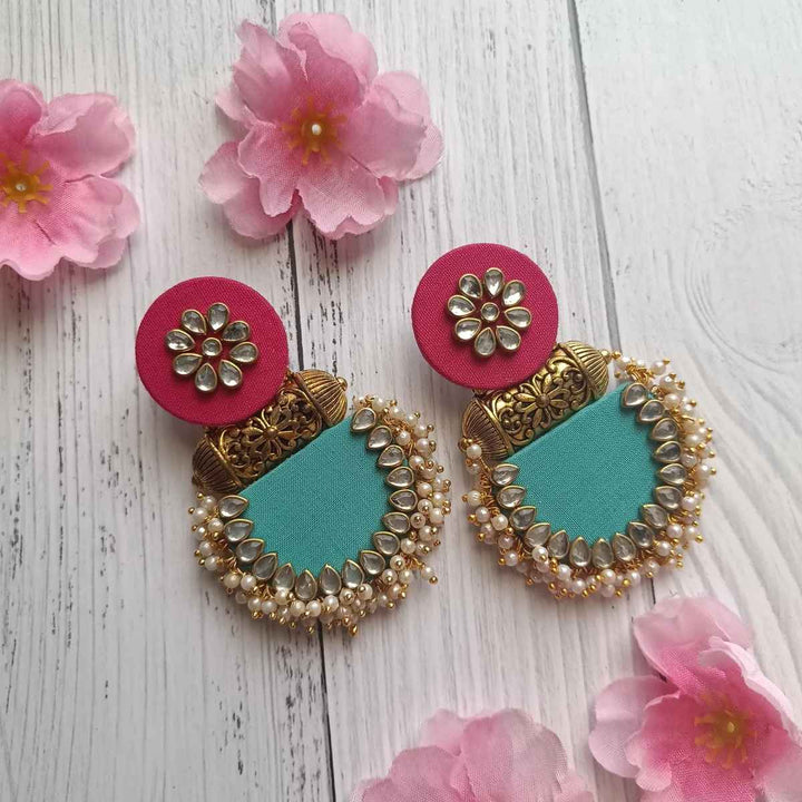 HANDMADE EARRINGS PINK & EMERALD GREEN INAYA [product_variant]- TelaNaari