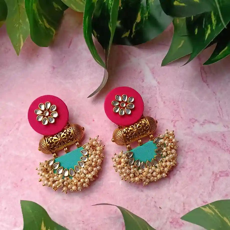 HANDMADE EARRINGS PINK & EMRALD GREEN ASMEE