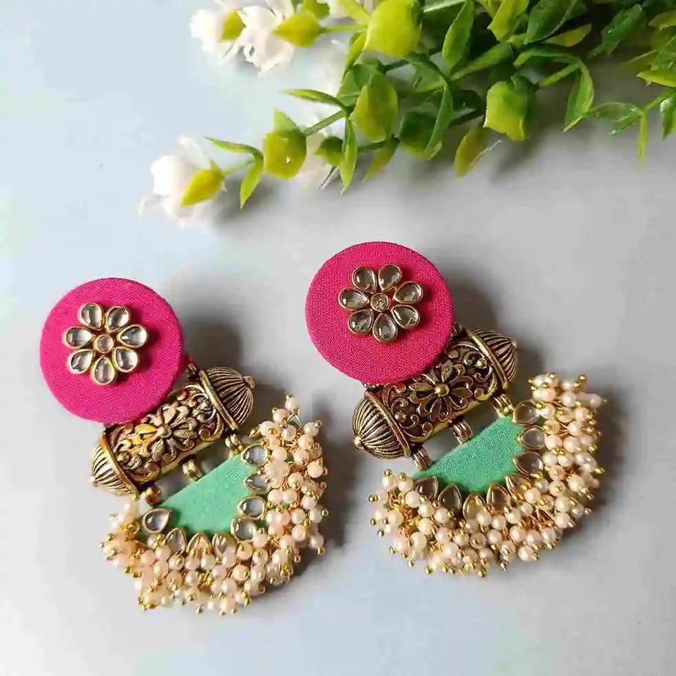 HANDMADE EARRINGS PINK & EMRALD GREEN ASMEE