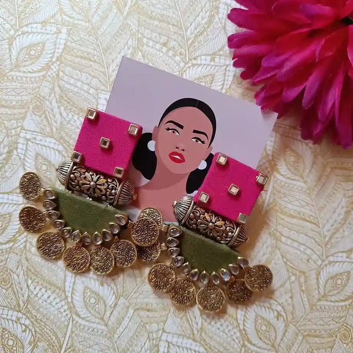 HANDMADE EARRINGS PINK & LEAF GREEN ISABELLA [product_variant]- TelaNaari