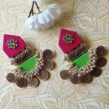 HANDMADE EARRINGS PINK & LIGHT GREEN ISHA [product_variant]- TelaNaari