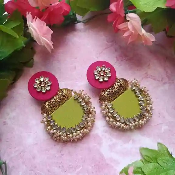 HANDMADE EARRINGS PINK & YELLOW GREEN INAYA