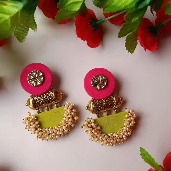 HANDMADE FABRIC EARRINGS JULIAN PINK AND EMERALD GREEN [product_variant]- TelaNaari