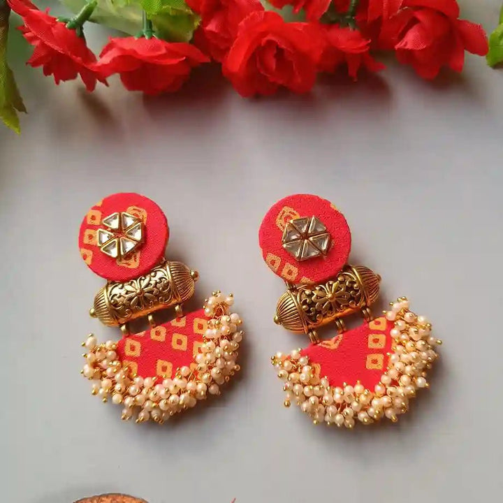 HANDMADE FABRIC EARRINGS JULIAN RED YELLOW BANDHANI