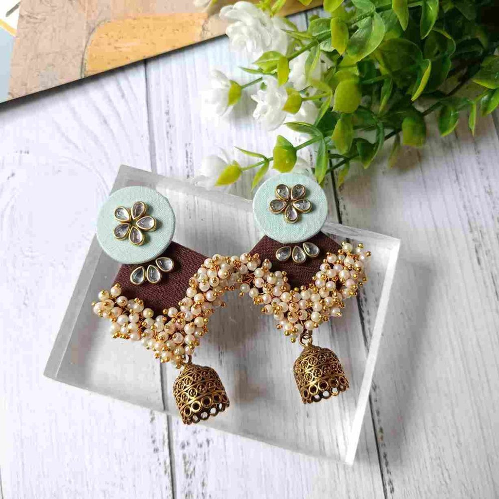 HANDMADE GREY GREEN & BROWN FABRIC EARRINGS NAVYA