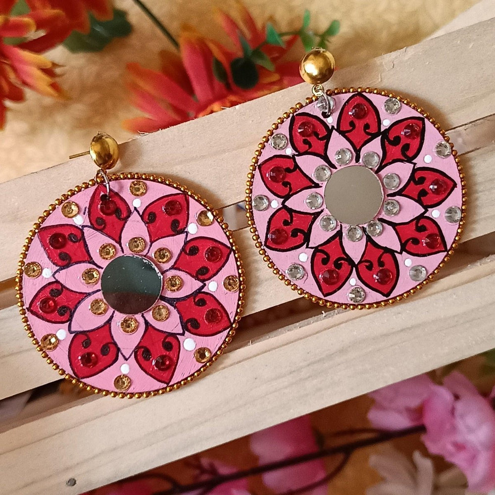 HANDMADE MANDALA PINK HAND FLORAL PAINTED EARRINGS