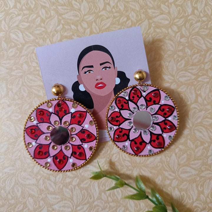 HANDMADE MANDALA PINK HAND FLORAL PAINTED EARRINGS [product_variant]- TelaNaari