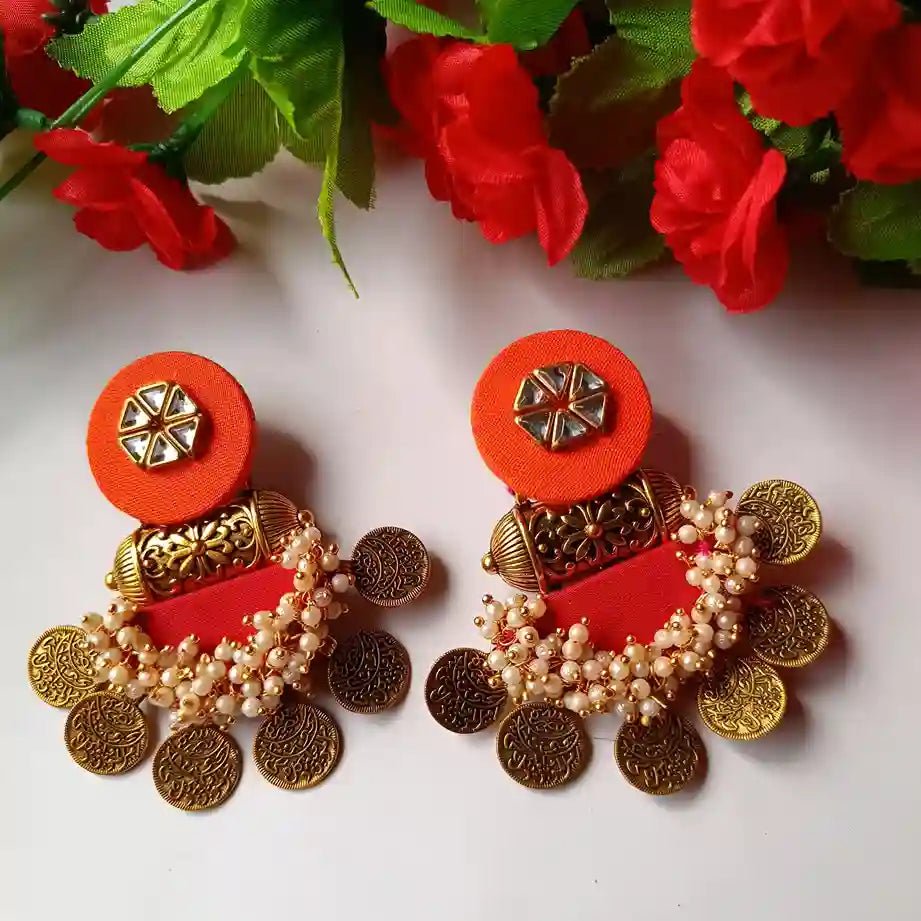 HANDMADE ORANGE AND RED FABRIC EARRINGS LUDO