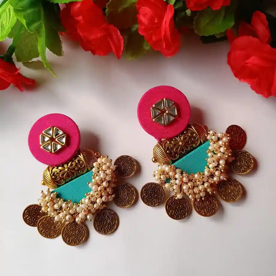 HANDMADE PINK AND EMRALD GREEN FABRIC EARRINGS LUDO