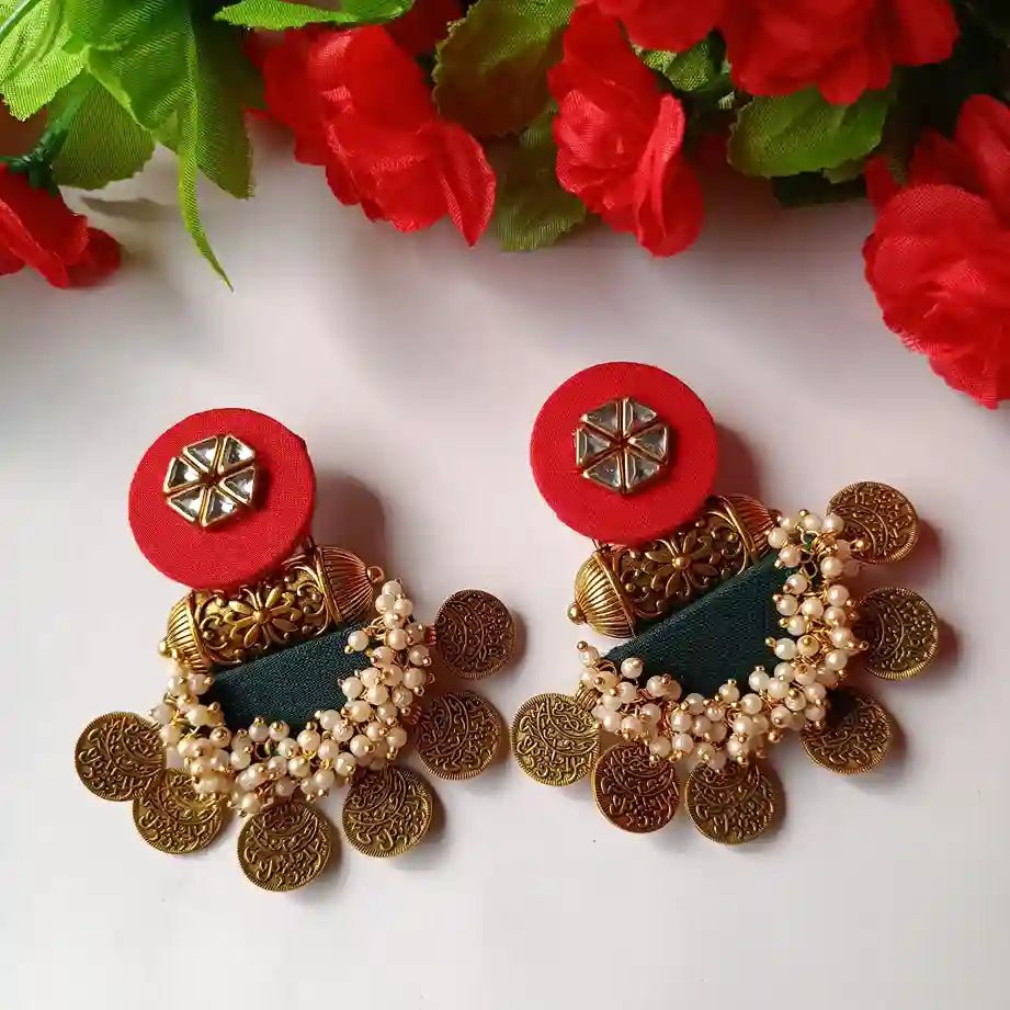 HANDMADE RED AND GREEN FABRIC EARRINGS LUDO