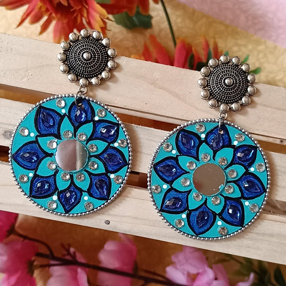 MANDALA BLUE HAND PANITED ROUND EARRINGS