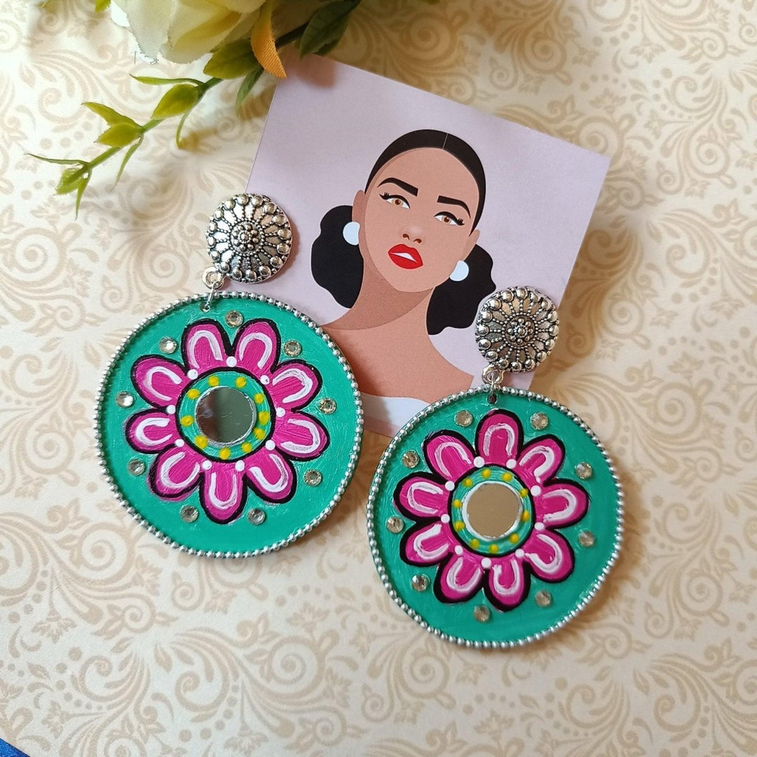 MANDALA GREEN HAND PAINTED EARRINGS