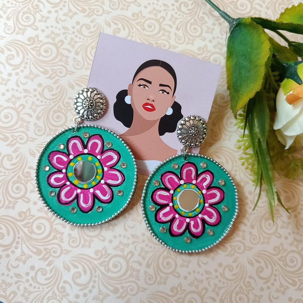 MANDALA GREEN HAND PAINTED EARRINGS