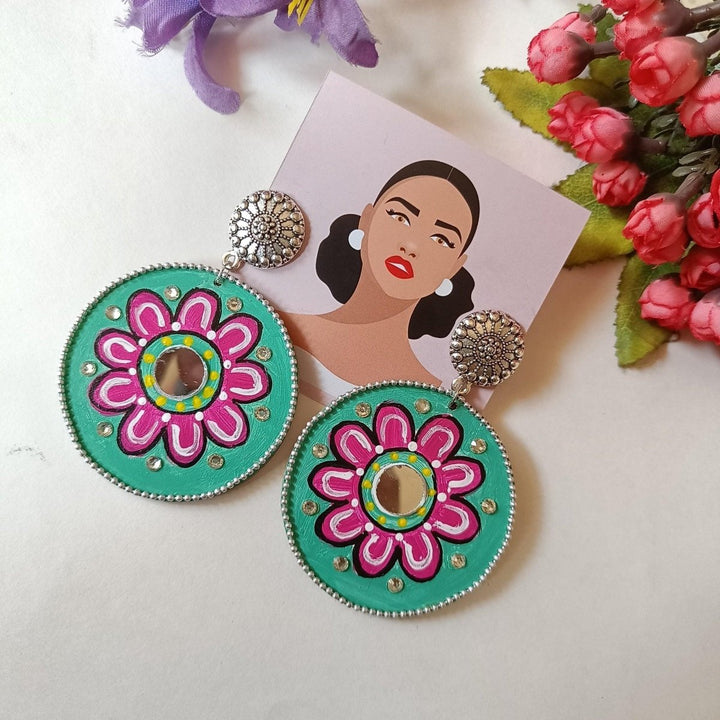 MANDALA GREEN HAND PAINTED EARRINGS