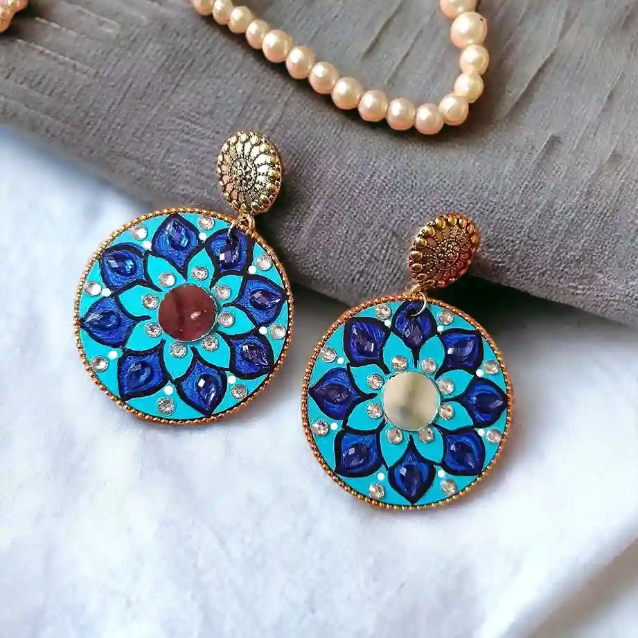 MANDALA SKY BLUE HAND PANITED EARRINGS [product_variant]- TelaNaari