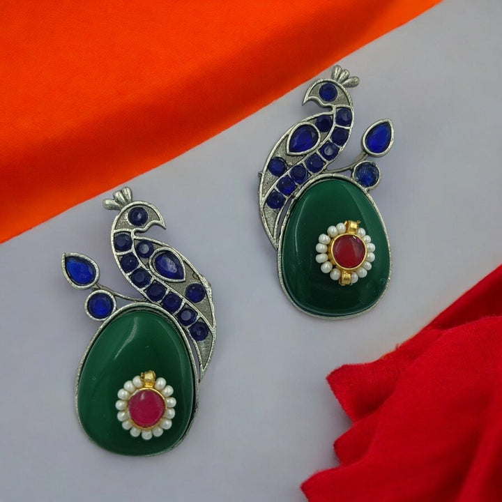 PEACOCK SILVER OXIDISED EARRINGS MAYURI [product_variant]- TelaNaari