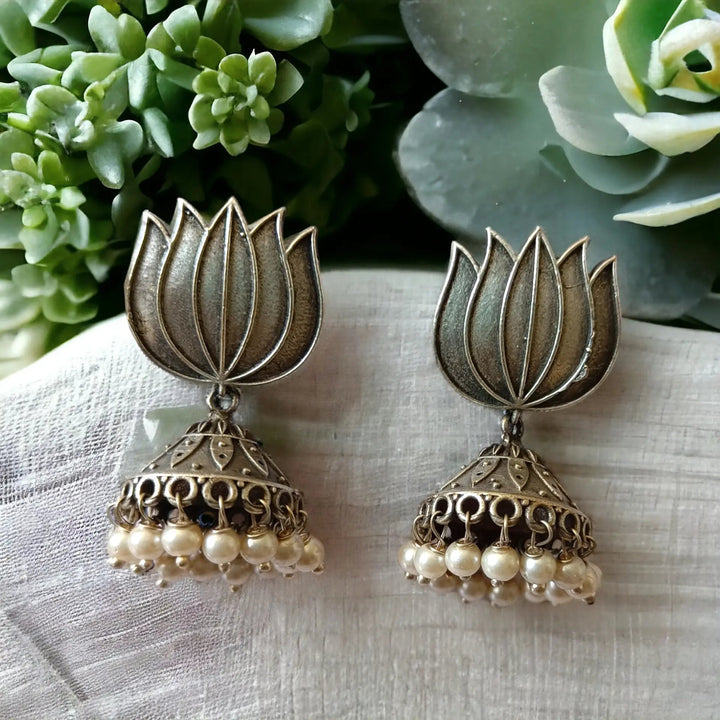 Silver Oxidised Antique Lotus Jhumki Nivetha Earrings [product_variant]- TelaNaari