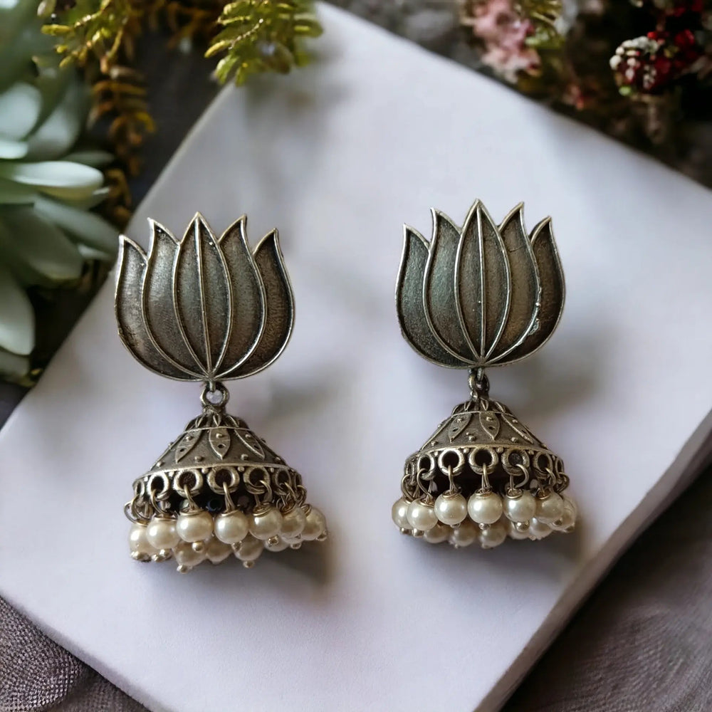 Silver Oxidised Antique Lotus Jhumki Nivetha Earrings