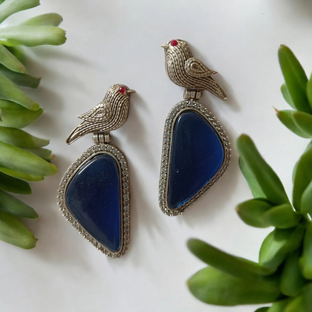 Silver Oxidised Bird Earrings Gajal - TelaNaari