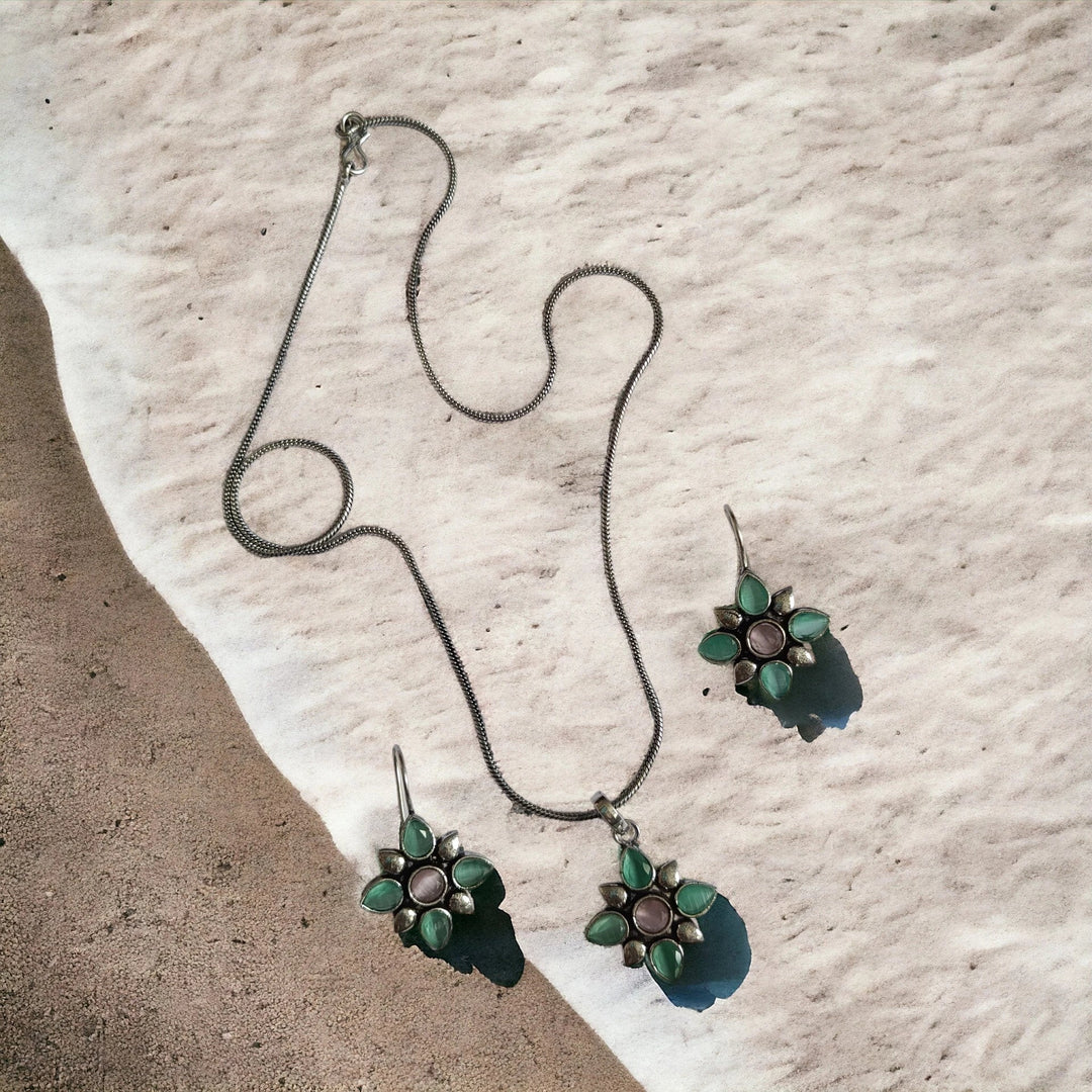 SILVER OXIDISED CHOKER NECKLACE SET WITH EARRINGS RUBI