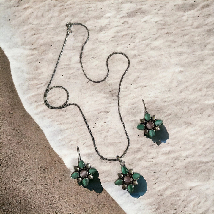 SILVER OXIDISED CHOKER NECKLACE SET WITH EARRINGS RUBI