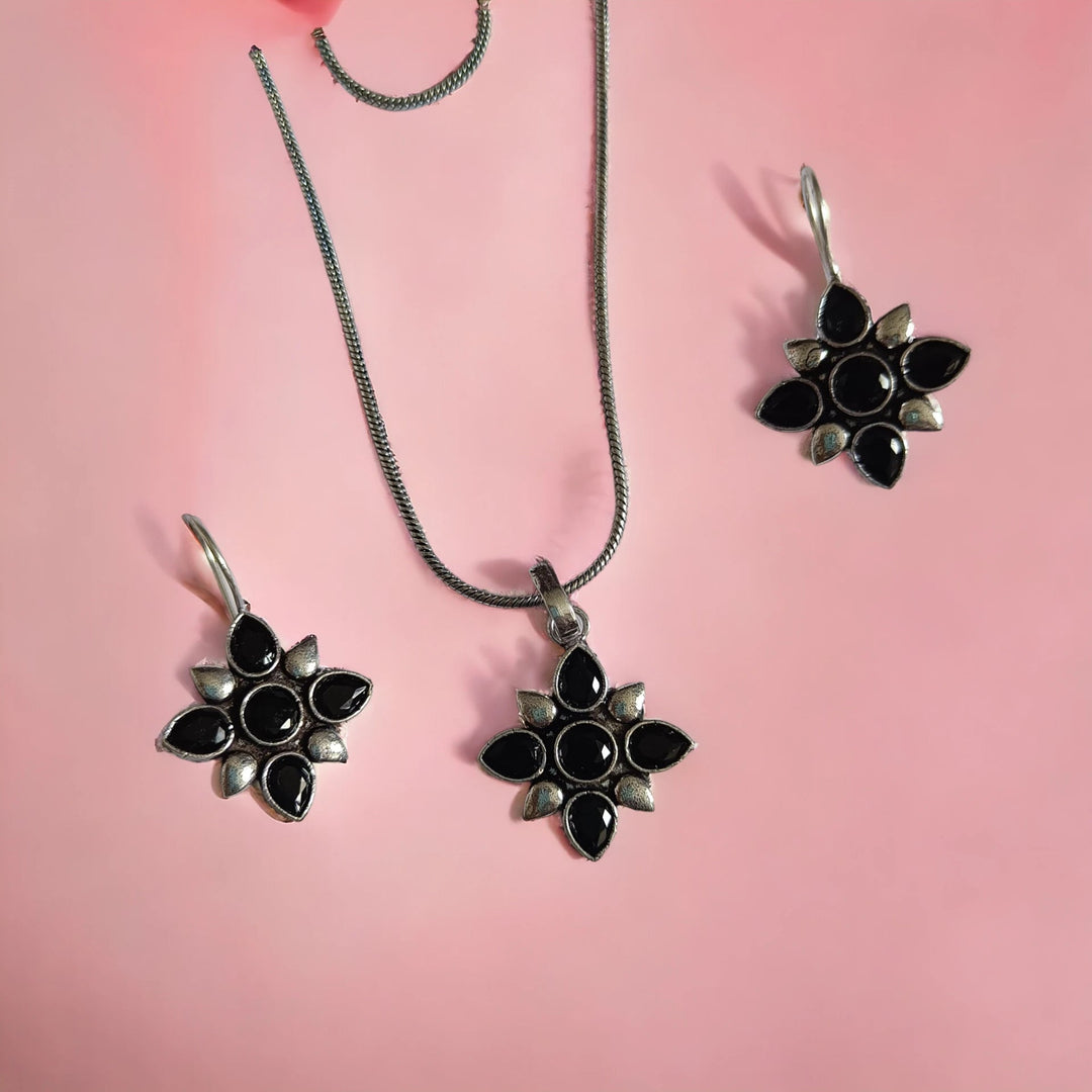 SILVER OXIDISED CHOKER NECKLACE SET WITH EARRINGS RUBI