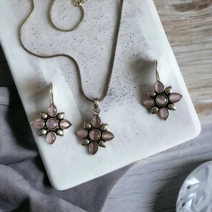 SILVER OXIDISED CHOKER NECKLACE SET WITH EARRINGS RUBI