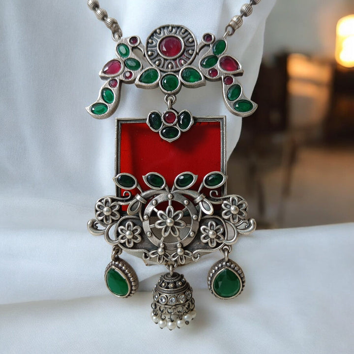 TELANAARI SILVER OXIDISED CLASSIC APPEAL RED GREEN CHOKER NECKLACE SANCHI