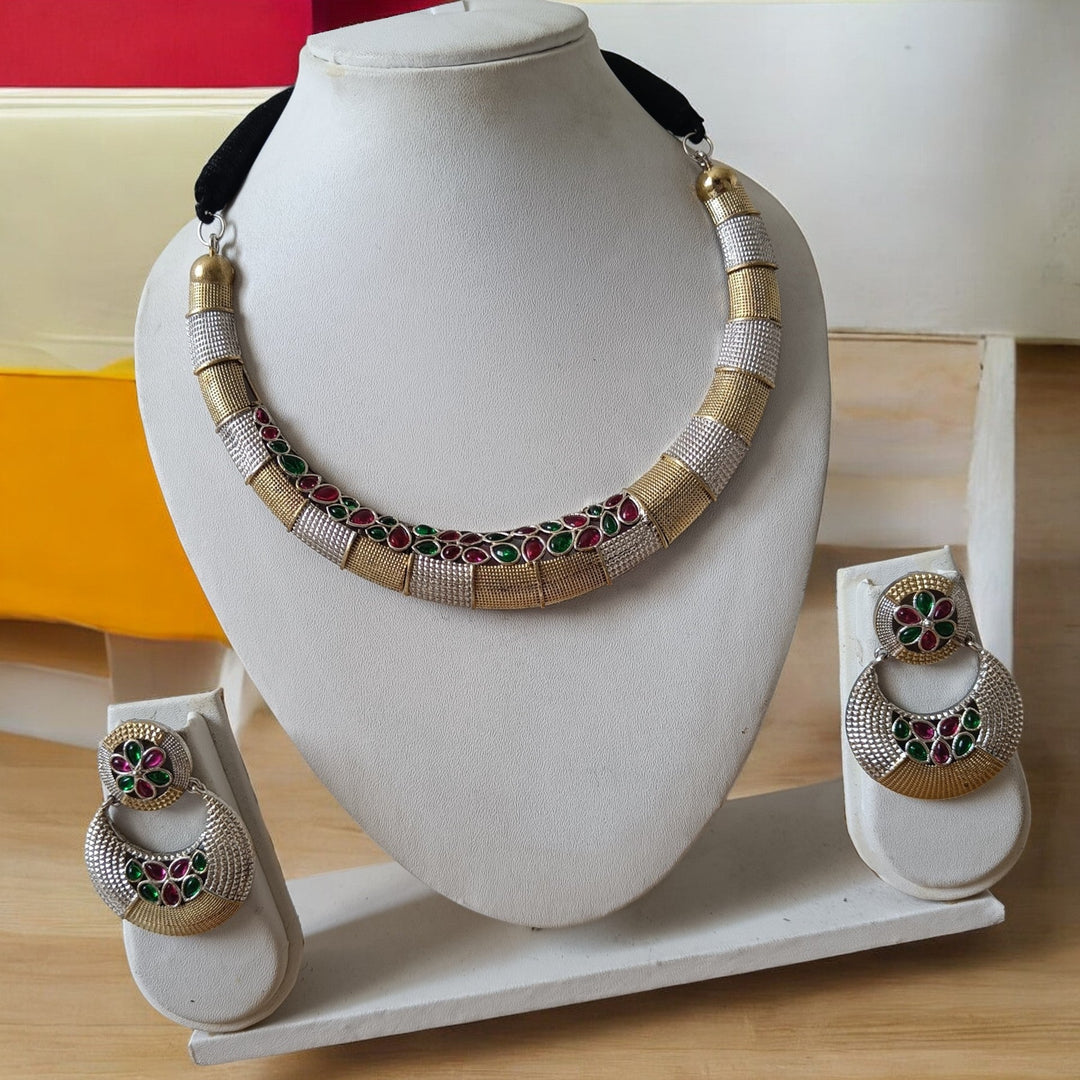 SILVER OXIDISED CHOKER NECKLACE SET WITH EARRINGS RUBI