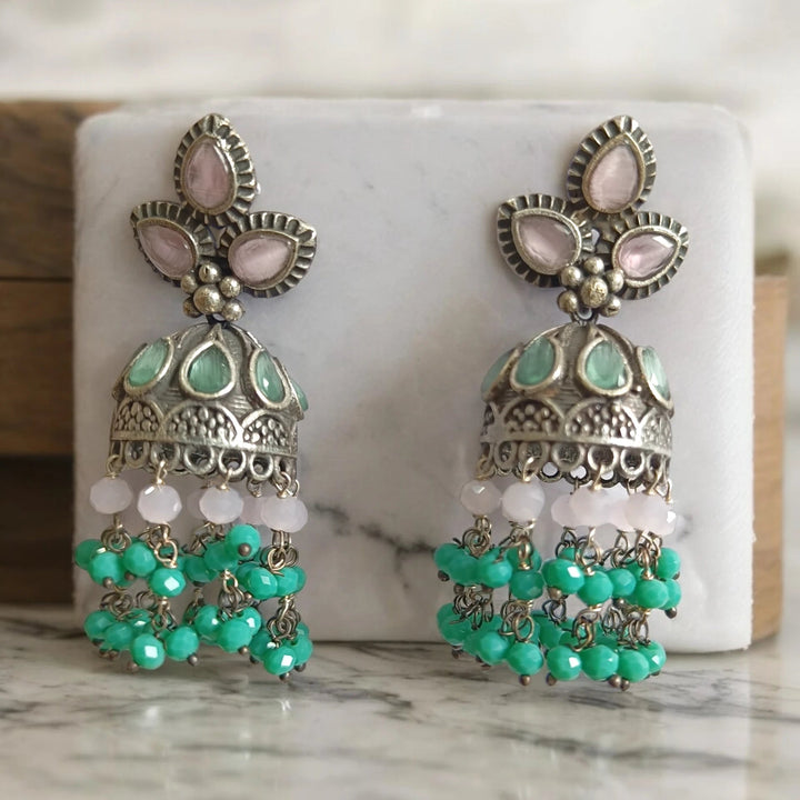 TELANAARI SILVER OXIDISED CLASSIC WHIMSY JHUMKI EARRINGS CHAKRIYA