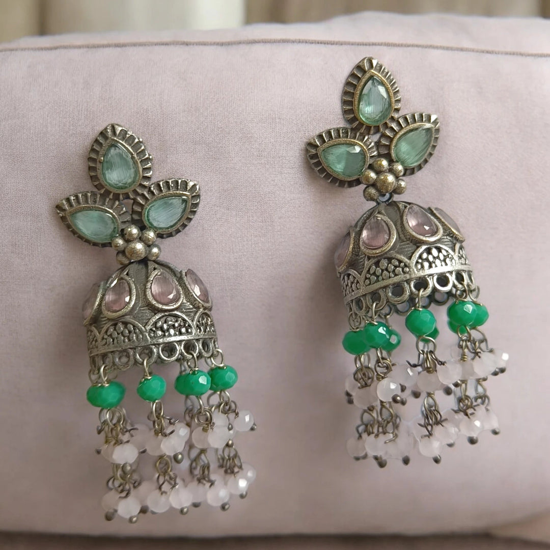 TELANAARI SILVER OXIDISED CLASSIC WHIMSY JHUMKI EARRINGS CHAKRIYA