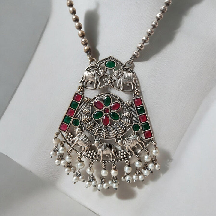 TELANAARI SILVER OXIDISED ELEGANT CLASSIC RED GREEN CHOKER NECKLACE JANAKI