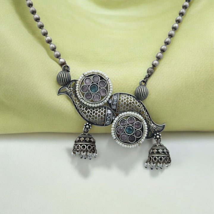 TIMELESS ANTIQUE AARAVI PINK SEA GREEN OXIDISED SILVER PLATED NECKLACE SET [product_variant]- TelaNaari