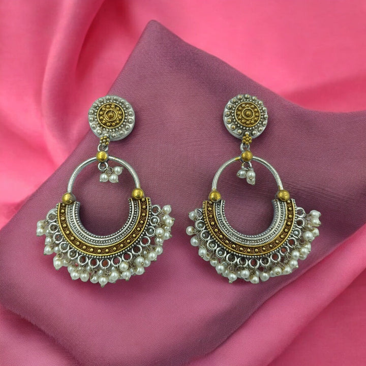 TIMELESS ANTIQUE DUAL TONE IRA SILVER PEARL OXIDISED CHANDBALI EARRINGS