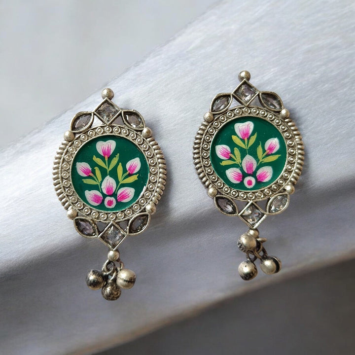 TIMELESS ELEGANCE AAPSI HAND PAINTED SILVER PLATED OXIDISED EARRINGS [product_variant]- TelaNaari